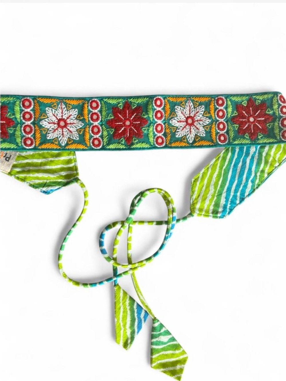 Primp Vintage Embroidered Mirror Tie-Belt - Size L Boho Ethnic Sash